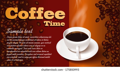 Cup of coffee with coffee beans on background