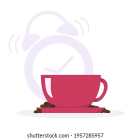 A cup of coffee and coffee beans on the background of the alarm clock. 