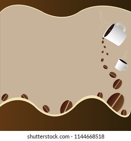 cup of coffee and coffee beans on brown background.