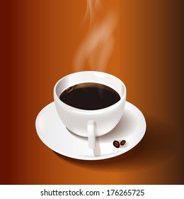 Cup of coffee with coffee beans on dark background