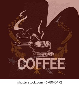 Cup of coffee, coffee beans, on a hand drawn background