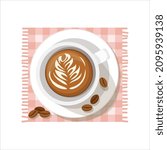 Cup of coffee with coffee beans on a platter. Vector illustration.