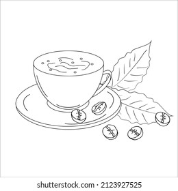 A cup of coffee, coffee beans on a saucer. Doodle style. Black lines on a white background. Vector.
