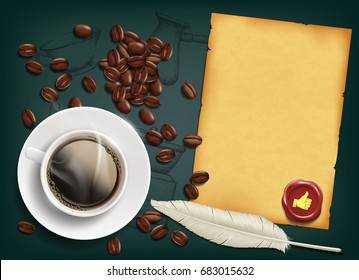 Cup with a coffee and beans on the table. Retro background for food and drinks. Stock vector illustration.