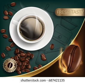 Cup with a coffee and beans on the table. Background for food and drinks. Brand name of high quality. Stock vector illustration.