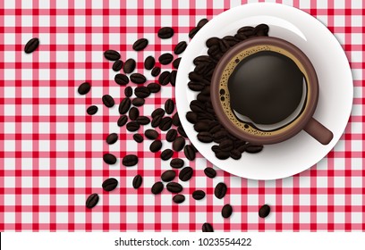 Cup of coffee with coffee beans on a tablecloth background