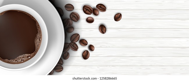 A cup of coffee with coffee beans on a white wooden floor. Vector illustrations.