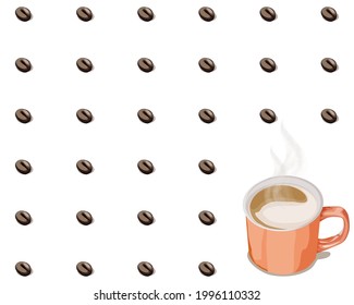 Una taza de café y granos de café con fondo blanco. Ilustración vectorial de alimentos y bebidas. Cerrar el dibujo a mano. 