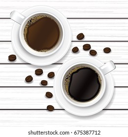 cup of coffee and coffee beans on white wood vector illustration