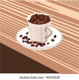 cup with coffee beans on a white saucer is on the table
