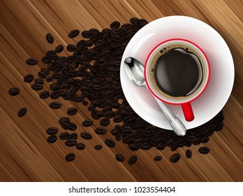 Cup of Coffee and coffee beans on wooden table