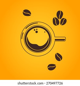 Cup of coffee with beans on yellow background . Top view.