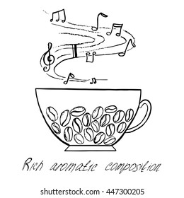 With a cup of coffee beans and pairs of notes. 