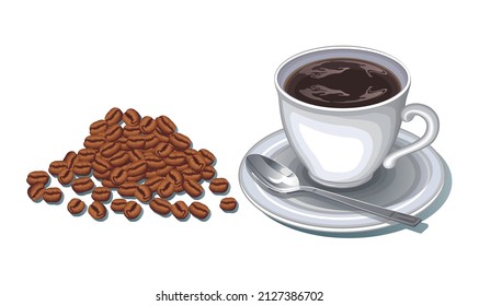 A cup of coffee and coffee beans realistic vector illustration.