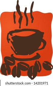 Cup of coffee with coffee beans rough sketchy retro illustration