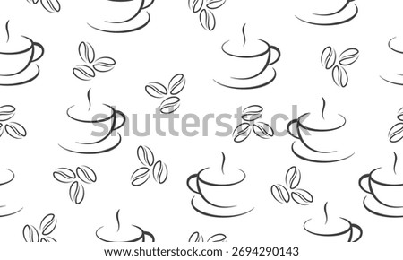 Cup of coffee and coffee beans seamless pattern. Coffee background.