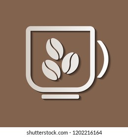 Cup of coffee with beans sign cut out from paper; vector white paper art cup icon isolated on brown background; logo for cafe and coffee shop; template for laser and plotter cutting, scrapbooking.