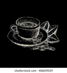Cup of coffee with coffee beans sketch style.
