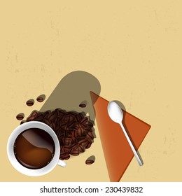 Cup of coffee, coffee beans, spoon and napkin on grungy background - place for your text. Vector illustration.