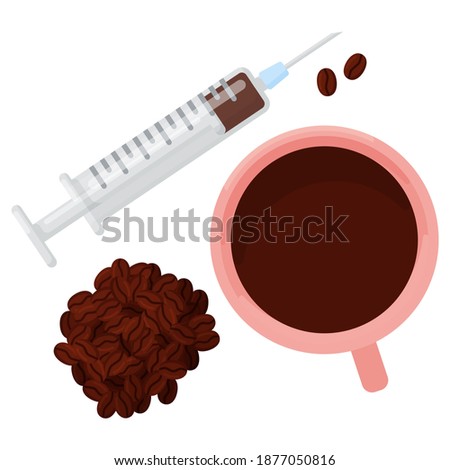a cup of coffee, coffee beans and a syringe with a dose of coffee. Vector illustration