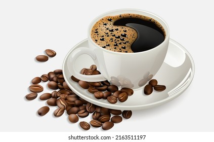 Cup of coffee with coffee beans. Vector illustration of a white cup of coffee with scattered coffee beans on a white background. Sketch for creativity.