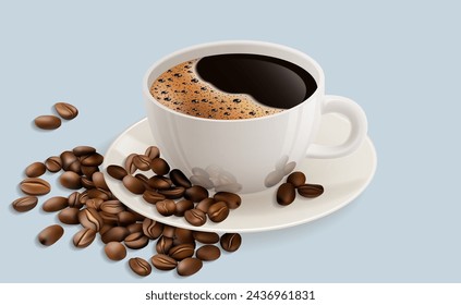 Cup of coffee with coffee beans. Vector illustration. Sketch for creativity.