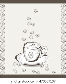 Cup of coffee with coffee beans. Vector illustration engraved sketch style. Old engraving Hand drawn technique
