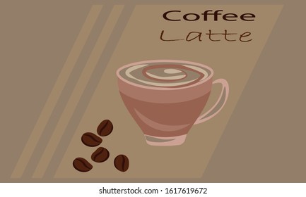 Cup of coffee, coffee beans,,coffee drink concept. brown background, vector illustration. 