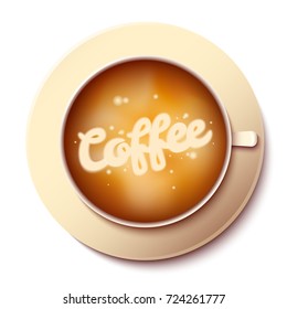 Cup coffee with beautiful design on foam view from above top view, vector illustration