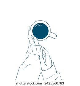 cup of coffee and beautiful woman's arm, line art, drawing