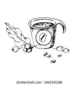 A cup of coffee with berries and a sheet, drawn by hand on paper, in the form of a black and white contour on a gray background. Element for menu design, labels.

