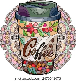 Cup of coffee beverage with abstract ornaments on mandala.