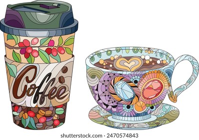Cup of coffee beverage with abstract ornaments.