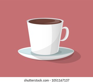 Cup of coffee beverage with plate of white color, aroma coffee poured in mug, drink for energy gain vector illustration isolated on red background