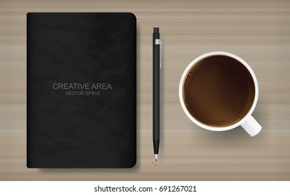 A cup of coffee with black notebook cover on wood background. Vector business background in working space area.