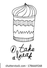 Cup of coffee black outline vector illustration. Cute mug with cream. Doodle sketch for coffee day cards, beverage, design and packaging materials.