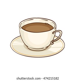 Cup of coffee or black tea with saucer. Vector hand drawn illustration, isolated on white