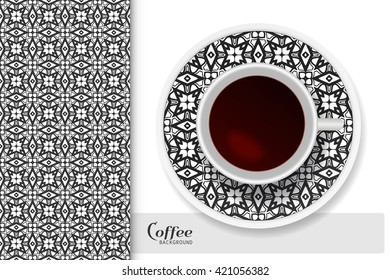 Cup of coffee with black and white ornament on a saucer, vertical seamless floral geometric pattern. Business coffee break concept, interior background. Isolated coffee cup and plate decor elements 