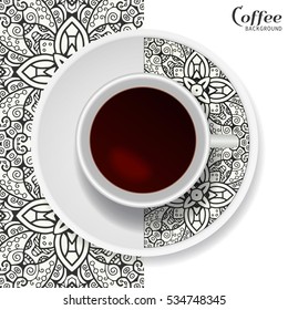 Cup of coffee with black and white ornament on a saucer and vertical seamless geometric pattern. Business coffee break concept, interior design background. Isolated coffee cup, plate decor elements