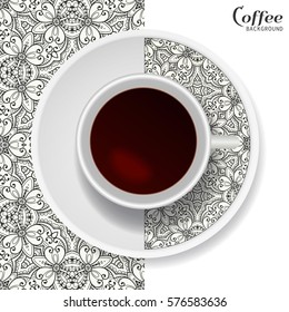 Cup of coffee with black and white ornament on a saucer and vertical seamless geometric pattern. Business coffee break concept, interior design background. Isolated coffee cup, plate decor elements