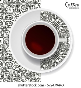 Cup of coffee with black and white ornament on a saucer and vertical seamless geometric pattern. Business coffee break concept, interior design background. Isolated coffee cup, plate decor elements