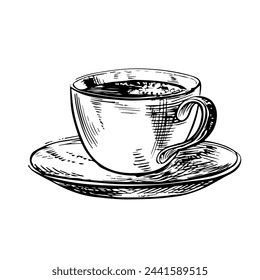 Una taza de café, ilustración vectorial en blanco y negro. Para embalajes, logotipos y etiquetas. Para banners, flyers, menús y carteles.