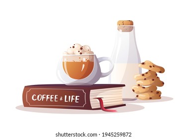 Cup of coffee, book, bottle of milk and cookies. Coffee shop, break, cafe-bar, coffee lover concept.  Isolated vector illustration for poster, banner, menu, cover. 