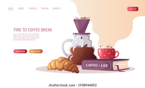 Taza de café, libro, batidor y cruasán. Cafetería, descanso, cafetería-bar, coffee lover, concepto de desayuno.  Ilustración vectorial para afiches, banner, sitio web. 
