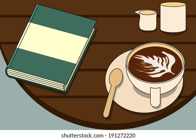 A cup of coffee and a book on a round table, Vector illustration.