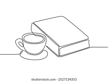 Taza de café y un libro en un dibujo de línea continua. Diseño minimalista perfecto para conceptos de relajación y lectura. Simple ilustración lineal dibujada a mano.