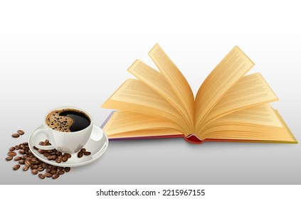 A cup of coffee and a book. Vector illustration of realistic images of a cup of coffee with an open book. Sketch for creativity.