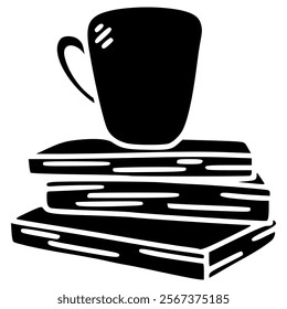 cup of coffee and books hand drawn glyph illustration