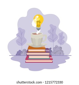 cup of coffee with books and light bulb isolated icon