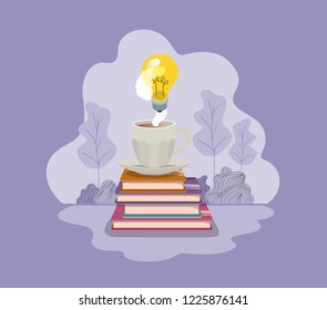cup of coffee with books and light bulb isolated icon